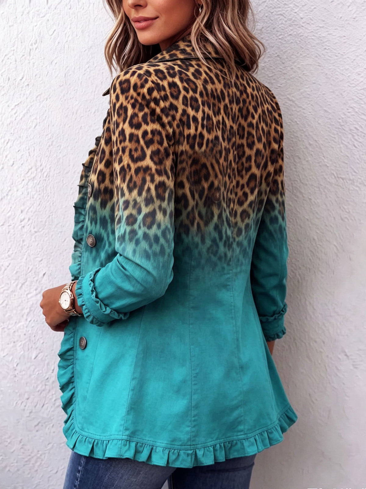 Filomena | Blazer con Volantes Ombré Leopardo - chaqueta de mujer, vista trasera | Chloe Bennett