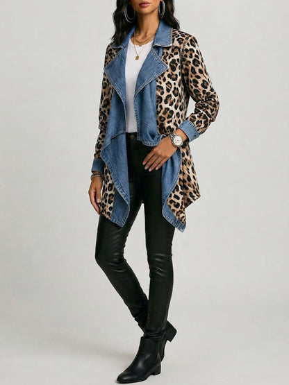 Rosa | Chaqueta de Media Longitud con Estampado Leopardo y Paneles de Denim Lavado - chaqueta de mujer, vista frontal