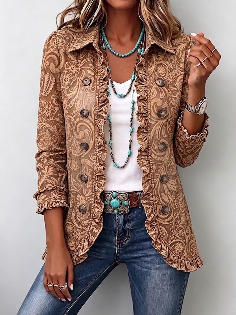Antonietta | Chaqueta con Volantes y Estampado Floral Bohemio Vintage - chaqueta de mujer, vista principal | Chloe Bennett