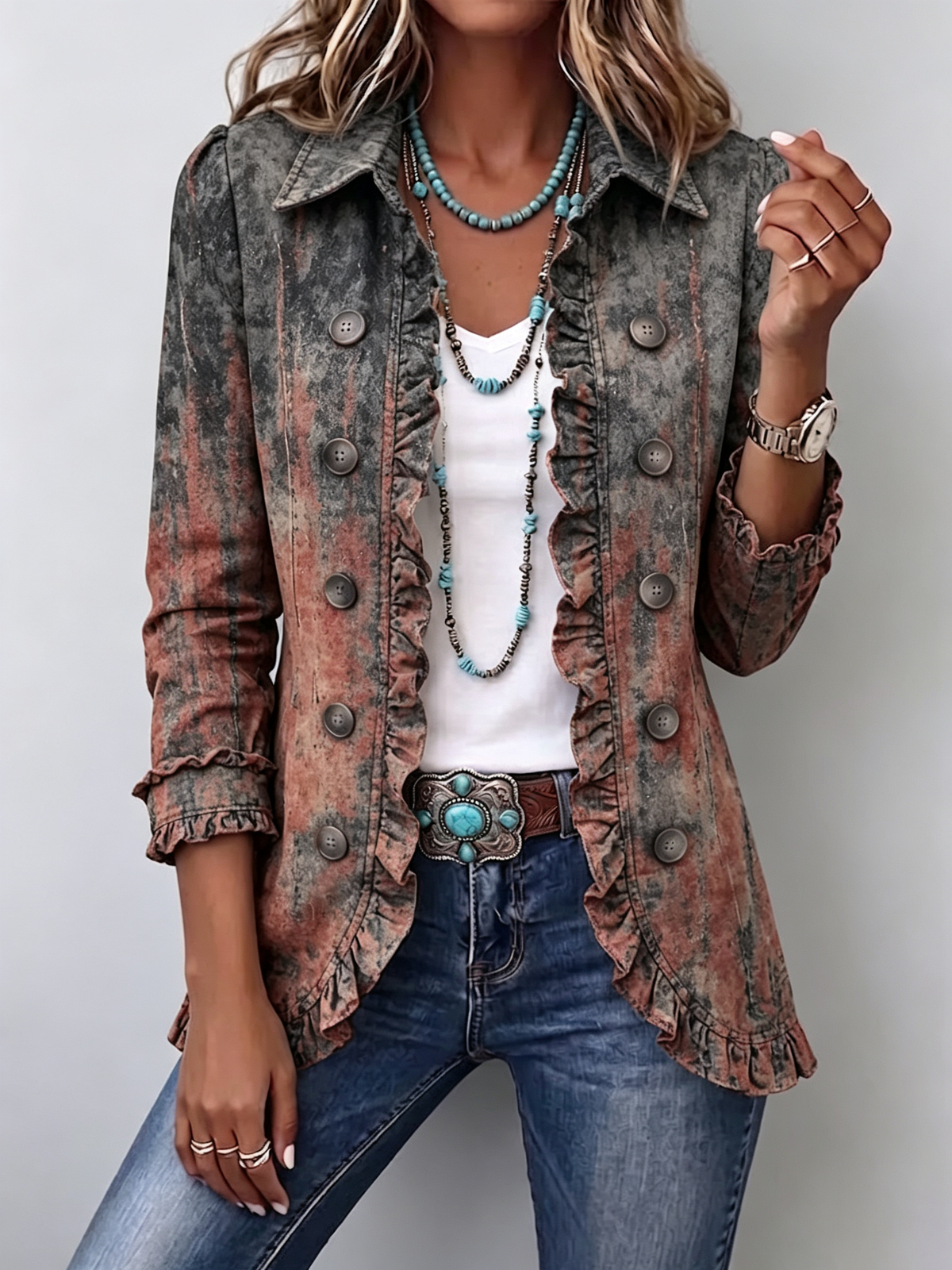 Carla | Chaqueta con Volantes y Estampado Texturizado Vintage Degradado - chaqueta de mujer, vista principal | Chloe Bennett